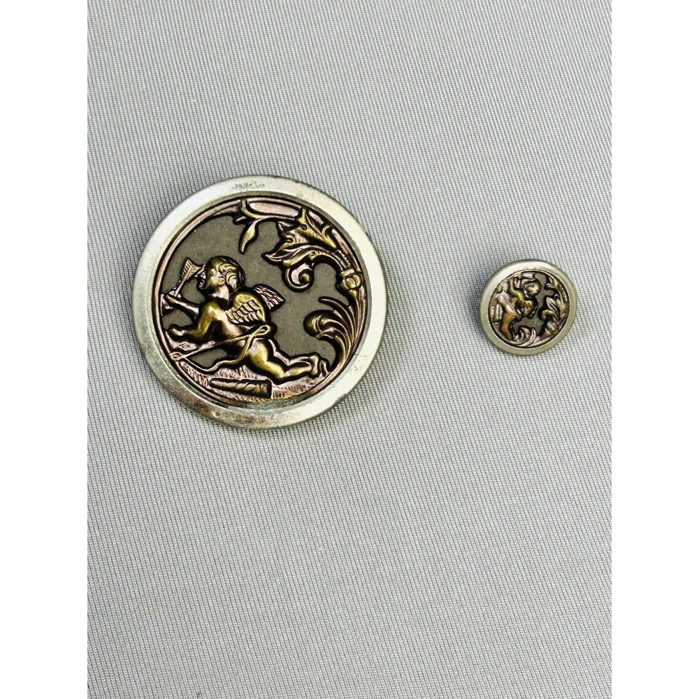 Cupid At Rest Large & Mini Antique Metal Loop Picture‎ Buttons Set Of 2